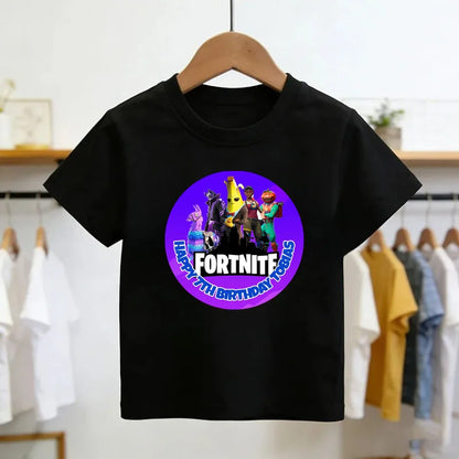 T-shirt infantil branco de algodão com estampado cartoon do tema Fortnite, manga curta, verão, jogo popular