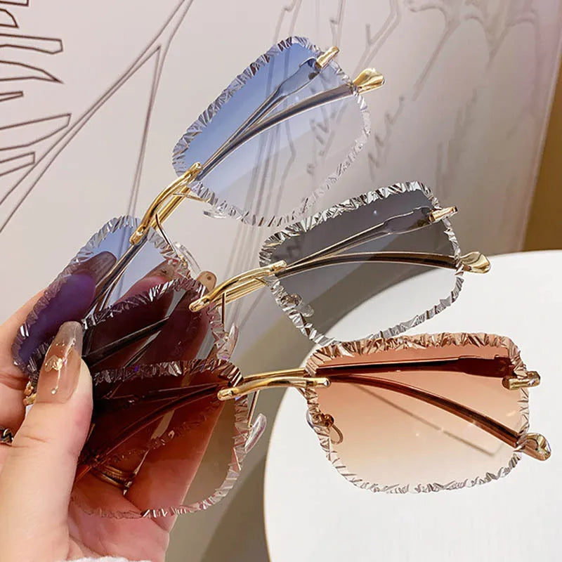 Fashion Broken Diamond Cutting Sunglasses Luxury Rimless Square Sun Glasses Designer Frameless Shades for Outdoor Driving Travel
