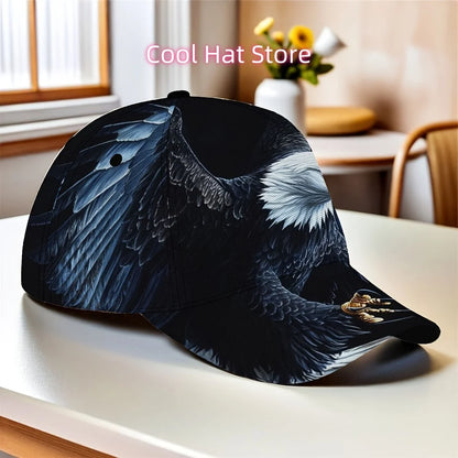 One Baseball Cap Featuring a Majestic Eagle in Flight, Equipped with an Adjustable Strap. This Lightweight And Foldable Hat Is P