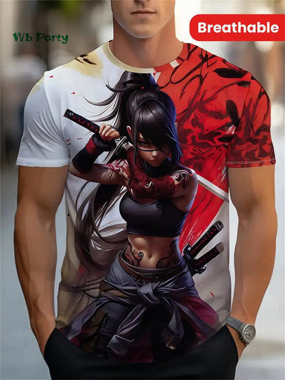 Maglietta da uomo con motivo Sakura Samurai - Maglietta a maniche corte ispirata agli anime giapponesi - Top Harajuku - Abbigliamento casual oversize estivo da uomo