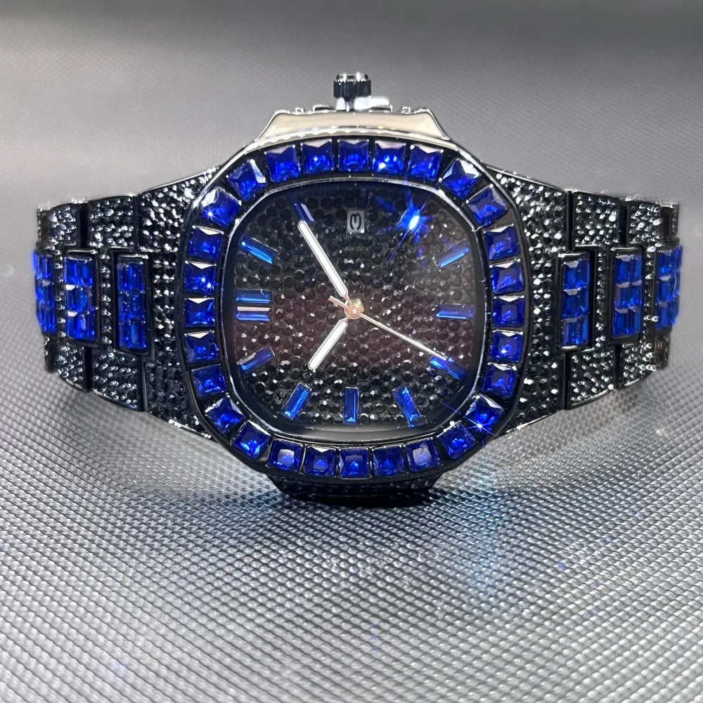 MISSFOX Luxury Watch For Men Rose Iced Out Diamond Hip Hop Quartz Waterproof Clock Men Square Diamond Male Watch 2026 New