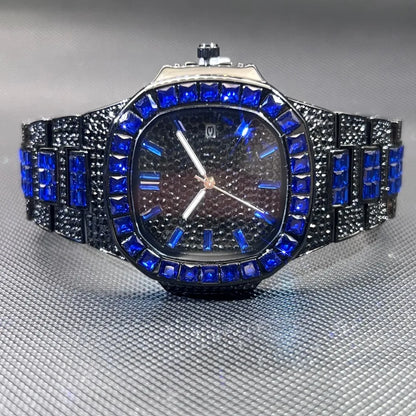 MISSFOX Luxury Watch For Men Rose Iced Out Diamond Hip Hop Quartz Waterproof Clock Men Square Diamond Male Watch 2026 New