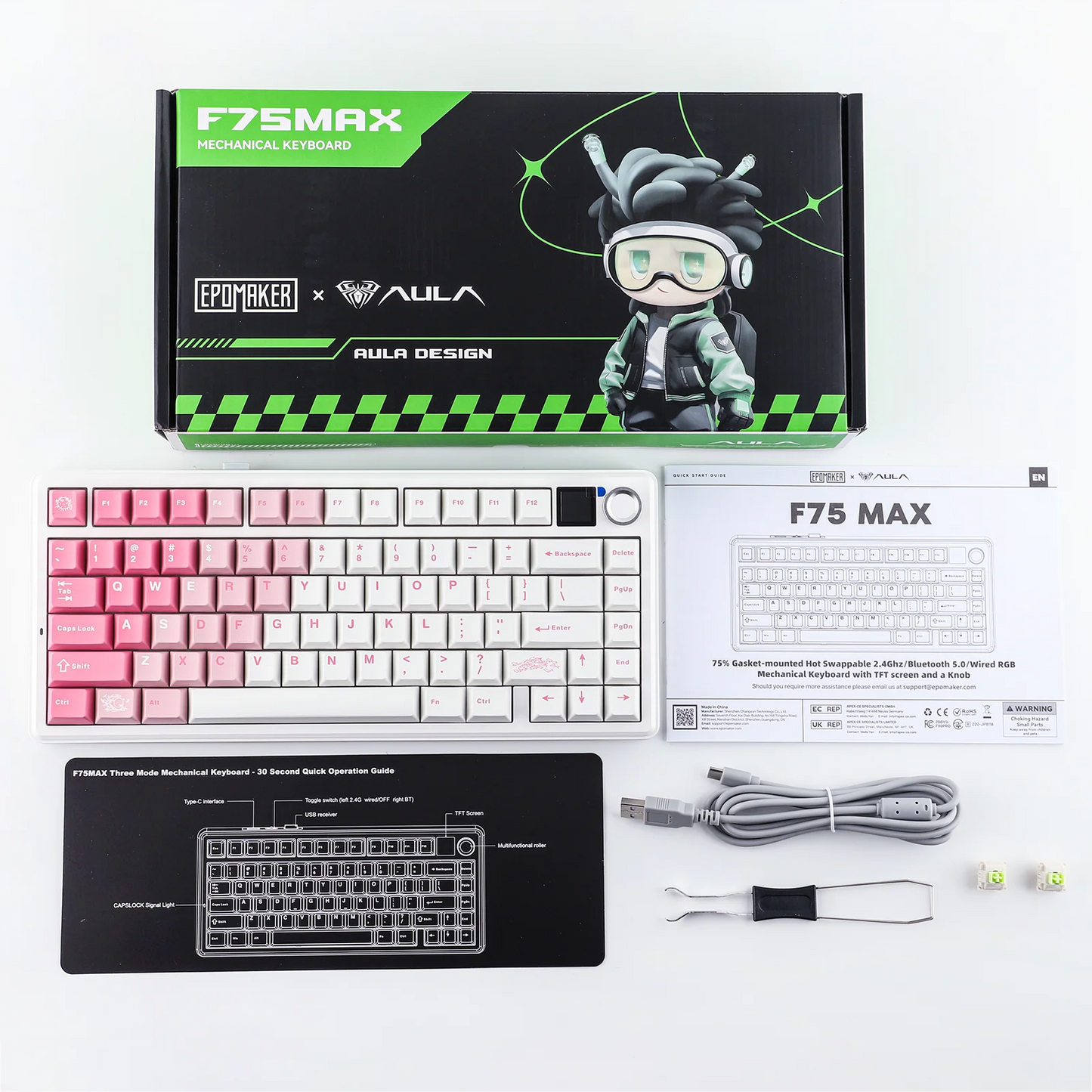 Teclado mecánico inalámbrico EPOMAKER X AULA F75 MAX compacto 75% con distribución ANSI, conexión por cable/Bluetooth/2.4GHz, pantalla TFT y perilla