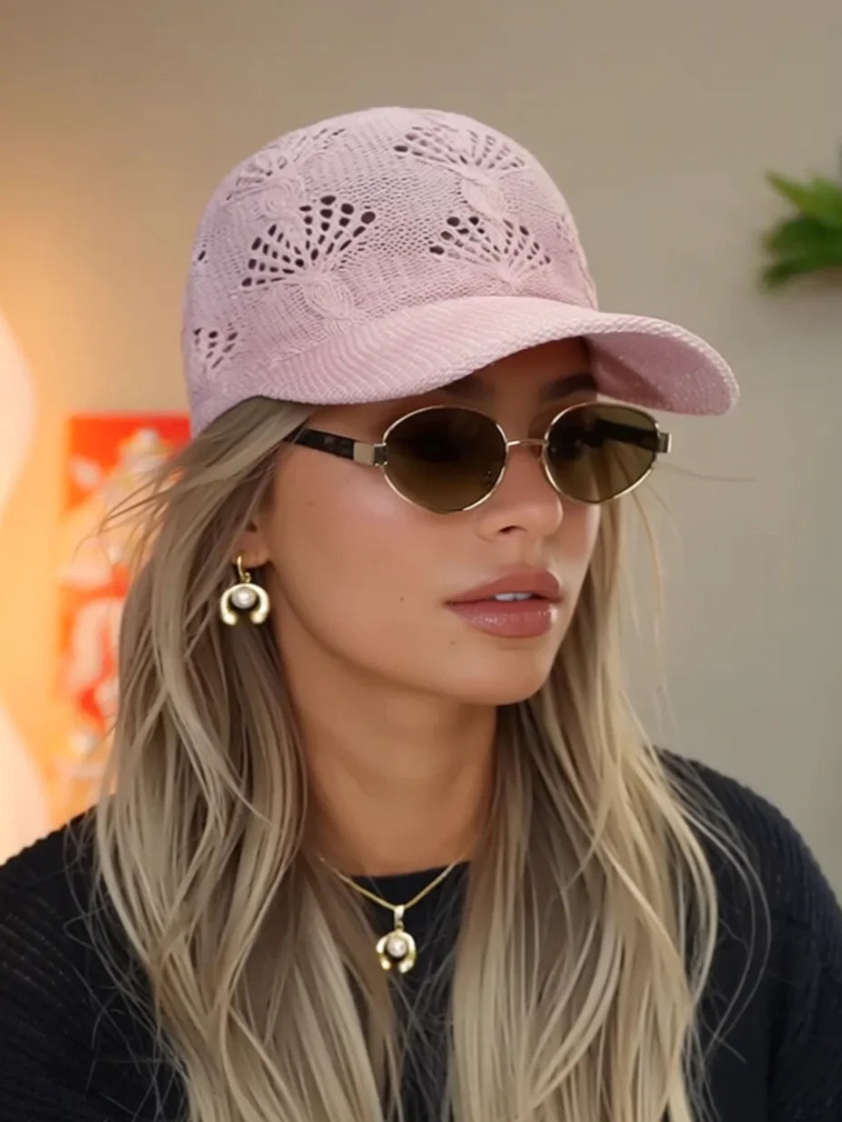 Summer Glossy Openwork Knit Baseball Cap for Women,Outdoor Sun Protection Hat Breathable Flattering Versatile
