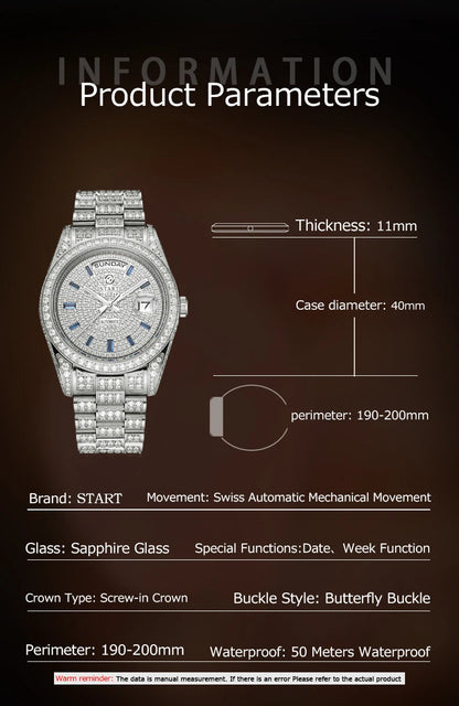 【START】Men's Watch Swiss Automatic Mechanical Movement Diamond Watch Waterproof Date Week Function Golden Watch