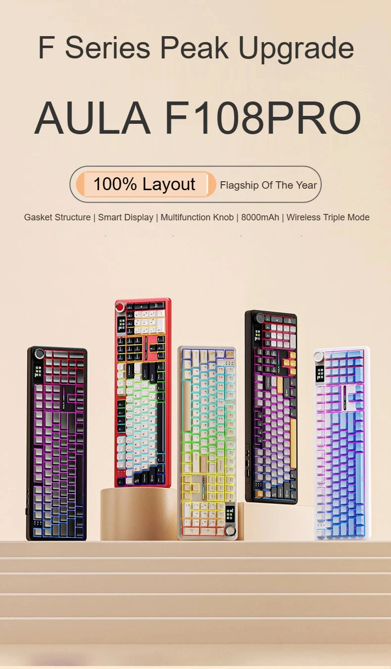 Teclado mecánico AULA F108 PRO personalizado con distribución 100%, retroiluminación RGB, Bluetooth inalámbrico, interruptores HiFi para gaming