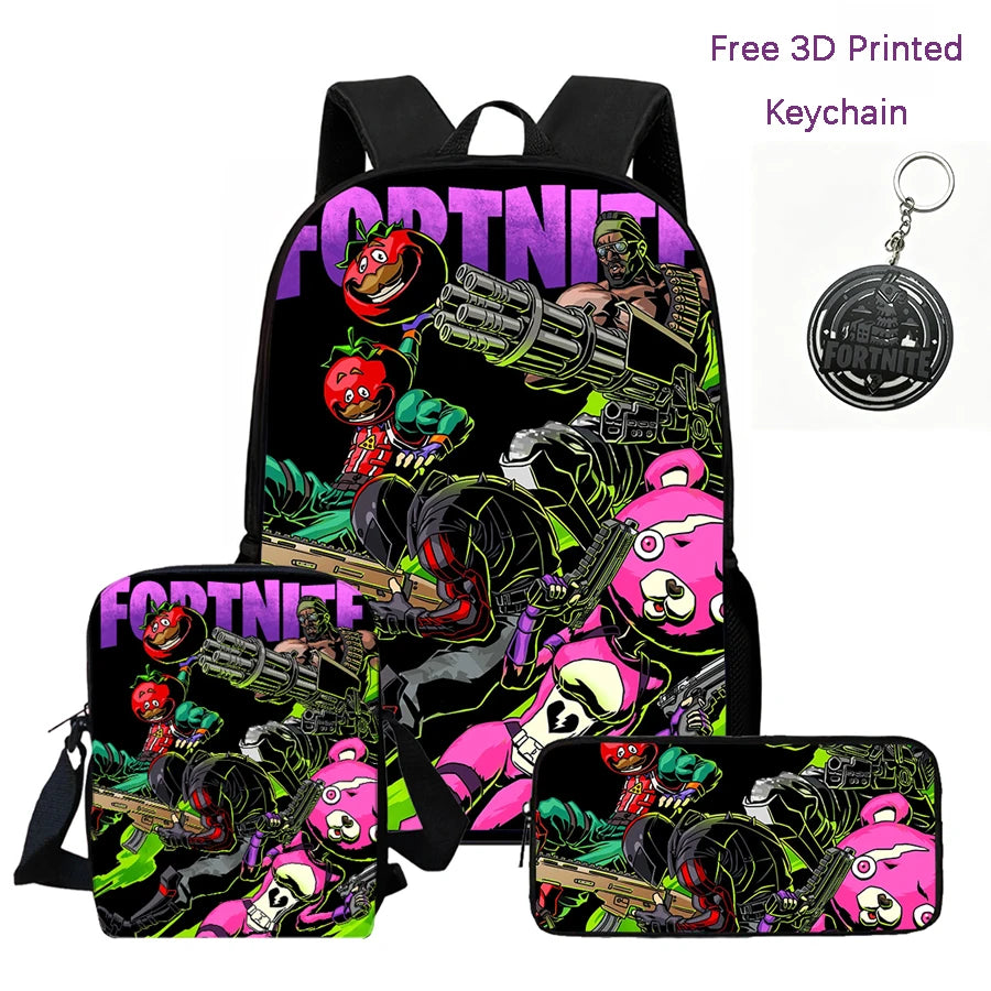 3Pcs Kids Backpack Set, Crossbody & Pencil Bag, FORTNITE Cartoon Bag, Lightweight for Boys Girls 6-10, Free 3D Printed Keychain