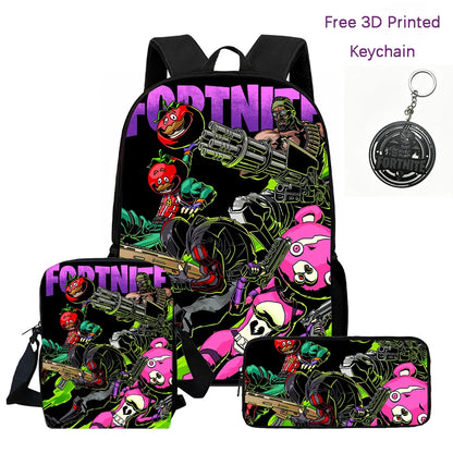 3Pcs Kids Backpack Set, Crossbody & Pencil Bag, FORTNITE Cartoon Bag, Lightweight for Boys Girls 6-10, Free 3D Printed Keychain