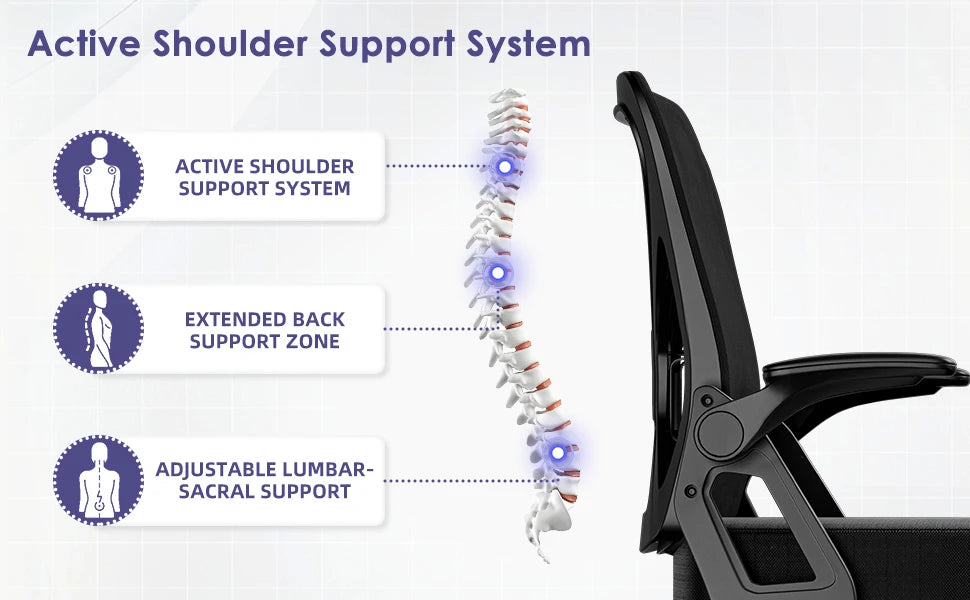 AUTHMIC Ergonomic Office Chair Mesh Back Lumbar Support Flip-Up Armrests Reclining Adjustable Height for Home Office Desk Work