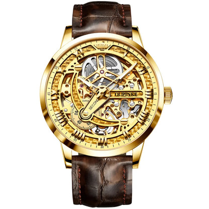 OUPINKE 3173 Skeleton Automatic Mechanical Watch Luxury Brand 50M Waterproof Watch Leather Strap Mens Watch Box Gifts Reloj