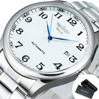 Relógio de homem WINNER – Estilo clássico, retro e elegante – Relógio mecânico automático com calendário – Marca de luxo, caixa em aço e bracelete em pele