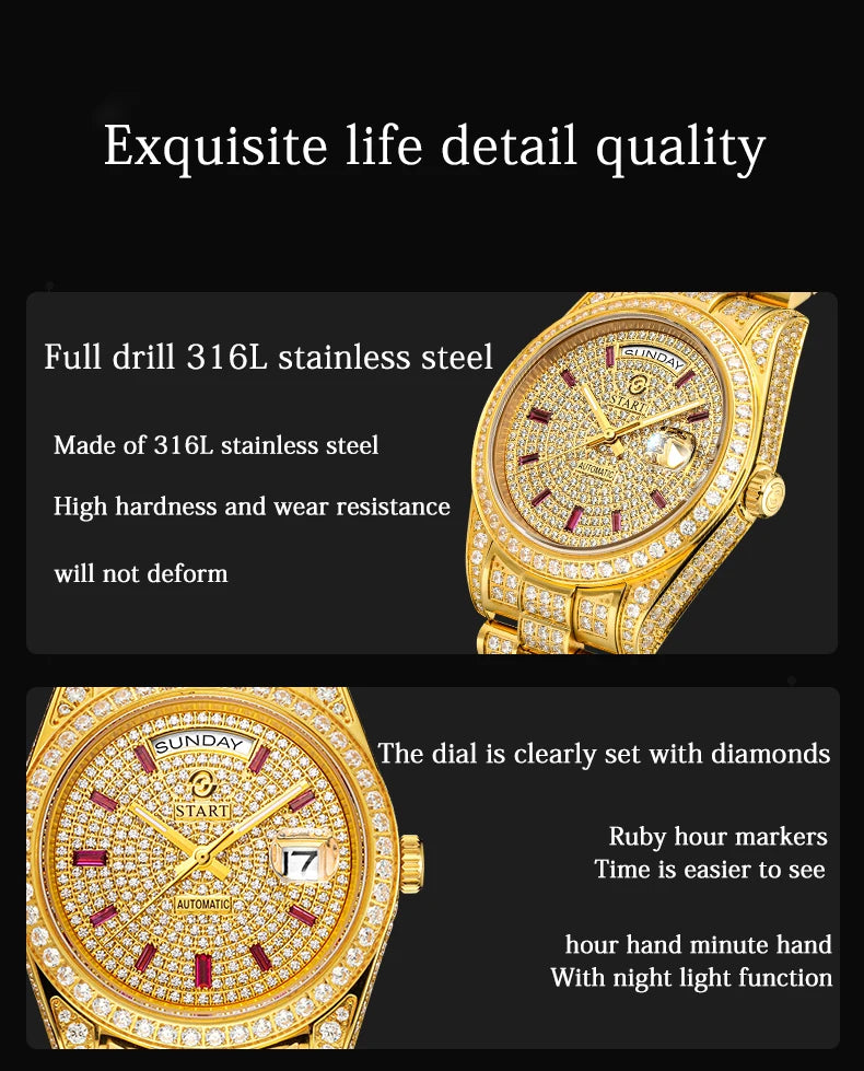 【START】Men's Watch Swiss Automatic Mechanical Movement Diamond Watch Waterproof Date Week Function Golden Watch