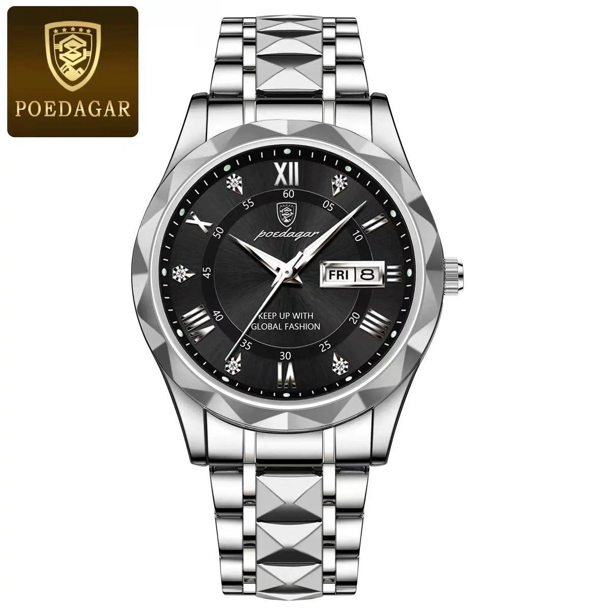 Мъжки часовник POEDAGAR Business Luxury, водоустойчив, от неръждаема стомана, със светещ циферблат, с дата и ден от седмицата, спортен стил, кварцов.