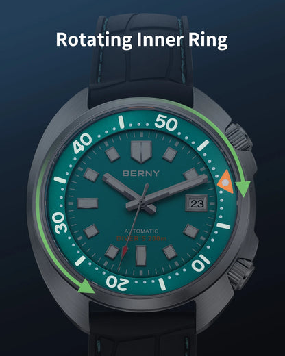 BERNY 20ATM Diver Watch For Men Mechanical Miyota 8215 Sapphire Sports Diving Luminous Anti-collision Crown Dual Crown Men Watch
