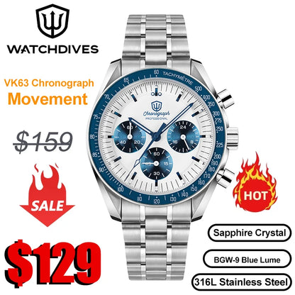 Watchdives WD1863 Watch VK63 Quartz Chronograph Movement Bubble Sapphire Crystal 100m Waterproof Luminous 39mm Vintage Watches
