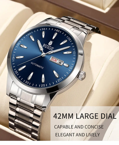 RUIGE Weekly Calendar Men's Fully Automatic Mechanical Watch Stainless Steel Business Men's Night Light Waterproof Versatile Wat
