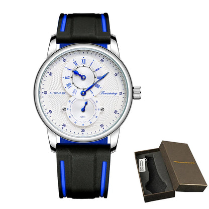 Men Wristwatch Blue White Dial Automatic Transparent Mechanical Watch Silicone Rubber Band Male Sport Clock Relogio Masculino