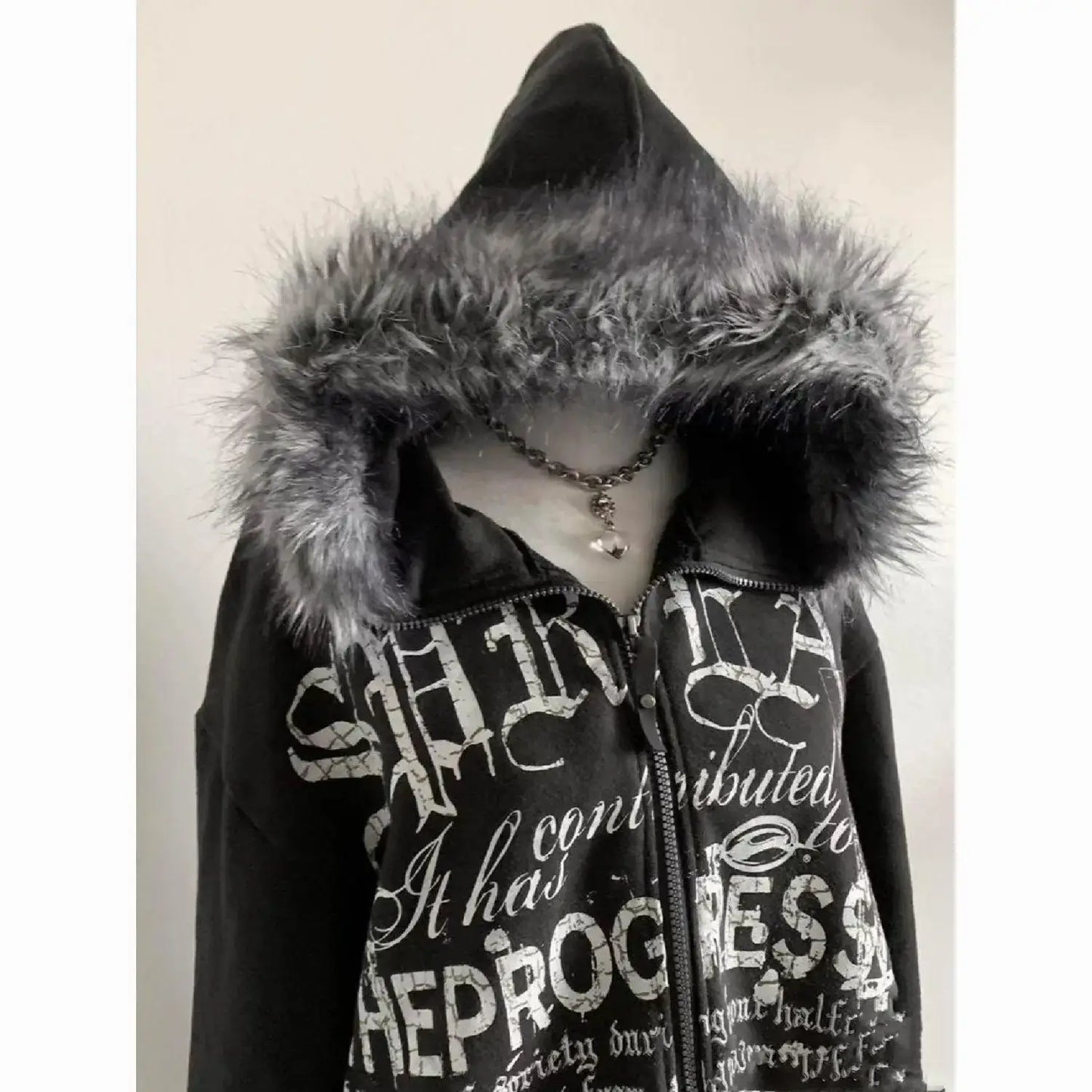 American Vintage Black Faux Fur Sweatshirts Women Letter Printed Subculture Coats with Hooded Female Gothic Harajuku Jackets Y2k, Produit gaming premium Fraquane
