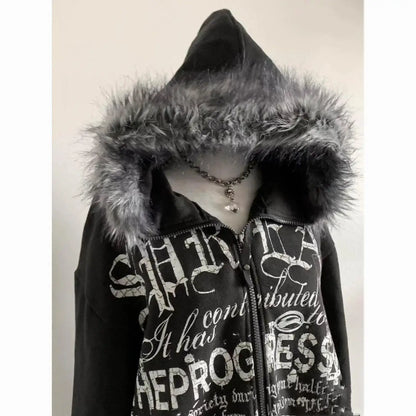 American Vintage Black Faux Fur Sweatshirts Women Letter Printed Subculture Coats with Hooded Female Gothic Harajuku Jackets Y2k, Produit gaming premium Fraquane