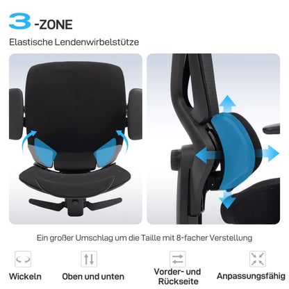 Ergonomic office chair with wheels, mesh fabric, lumbar support, adjustable armrests, and headrest.