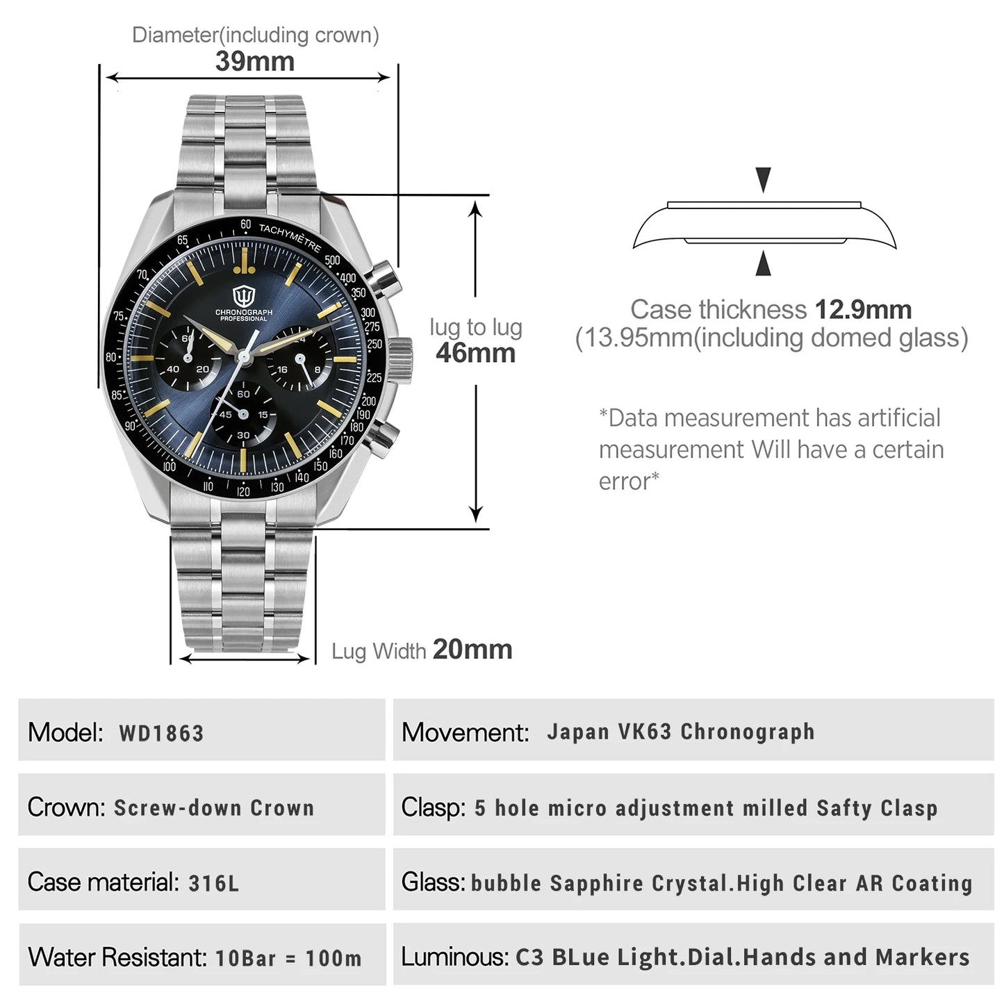 Watchdives WD1863 Watch VK63 Quartz Chronograph Movement Bubble Sapphire Crystal 100m Waterproof Luminous 39mm Vintage Watches