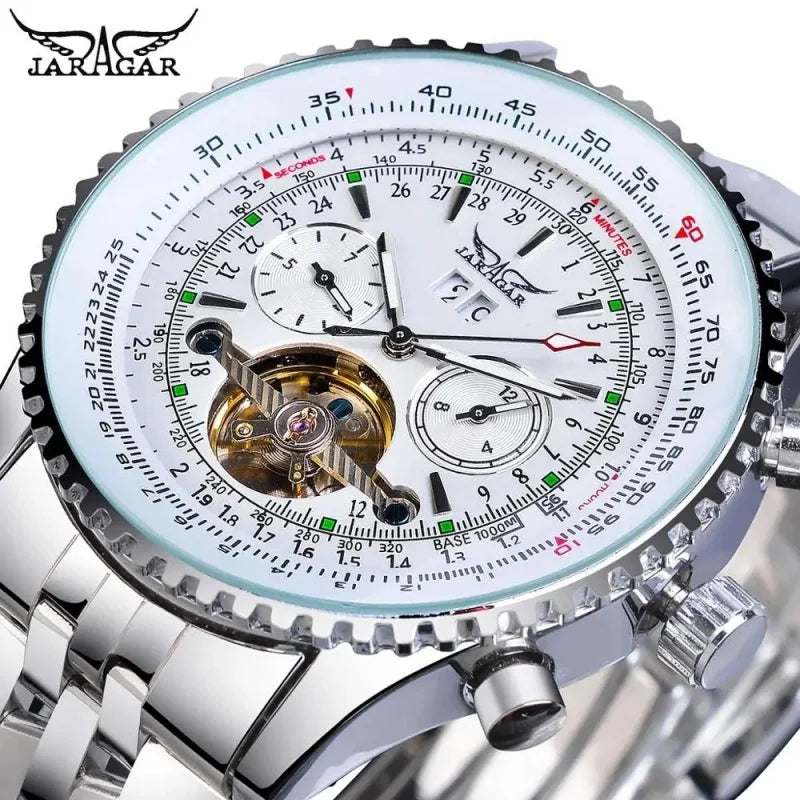 Relógio mecânico automático retro de luxo JARAGAR 034, turbilhão, esqueleto oco, aço inoxidável, calendário semanal, relógio para homem