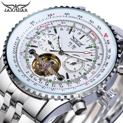 Relógio mecânico automático retro de luxo JARAGAR 034, turbilhão, esqueleto oco, aço inoxidável, calendário semanal, relógio para homem