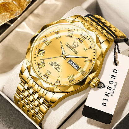 Orologio da polso di lusso al quarzo BINBOND Original Brand da uomo, luminescente, impermeabile, data automatica, indicazione del giorno della settimana, stile casual.