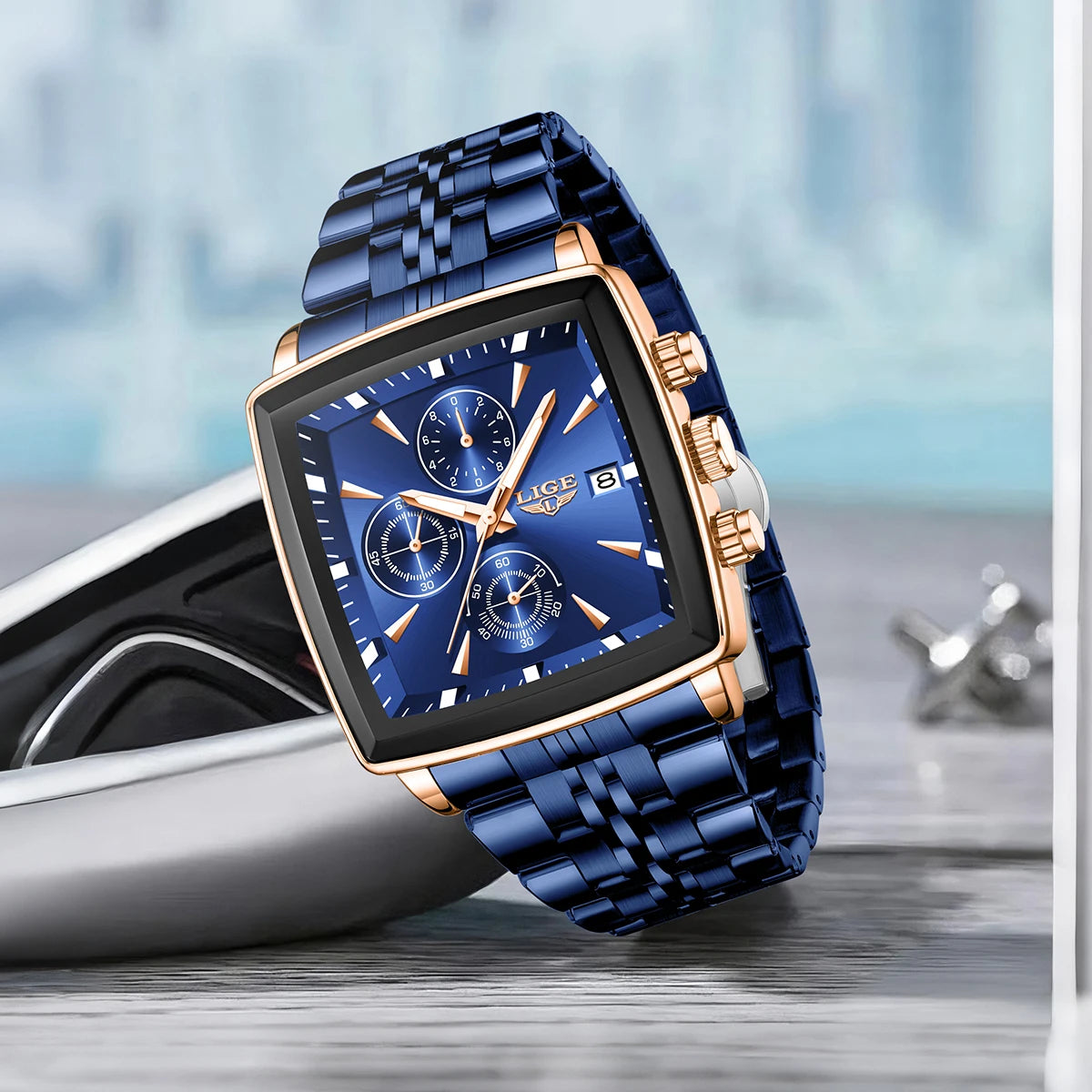 Relógios de luxo para homem LIGE, modelo quadrado, estilo clássico e moderno, em aço inoxidável, à prova de água, desportivos e casuais, com movimento de quartzo.