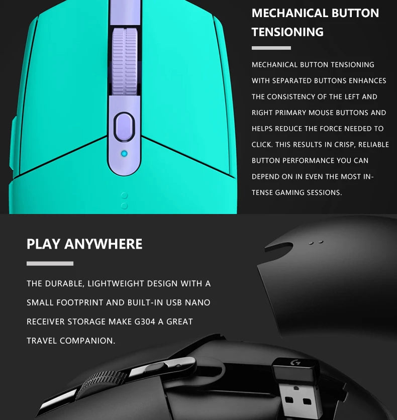 Logitech G305 wireless mouse, 12000 DPI, HERO sensor, 9-month battery life, sensitive hotkeys, suitable for casual gamers.