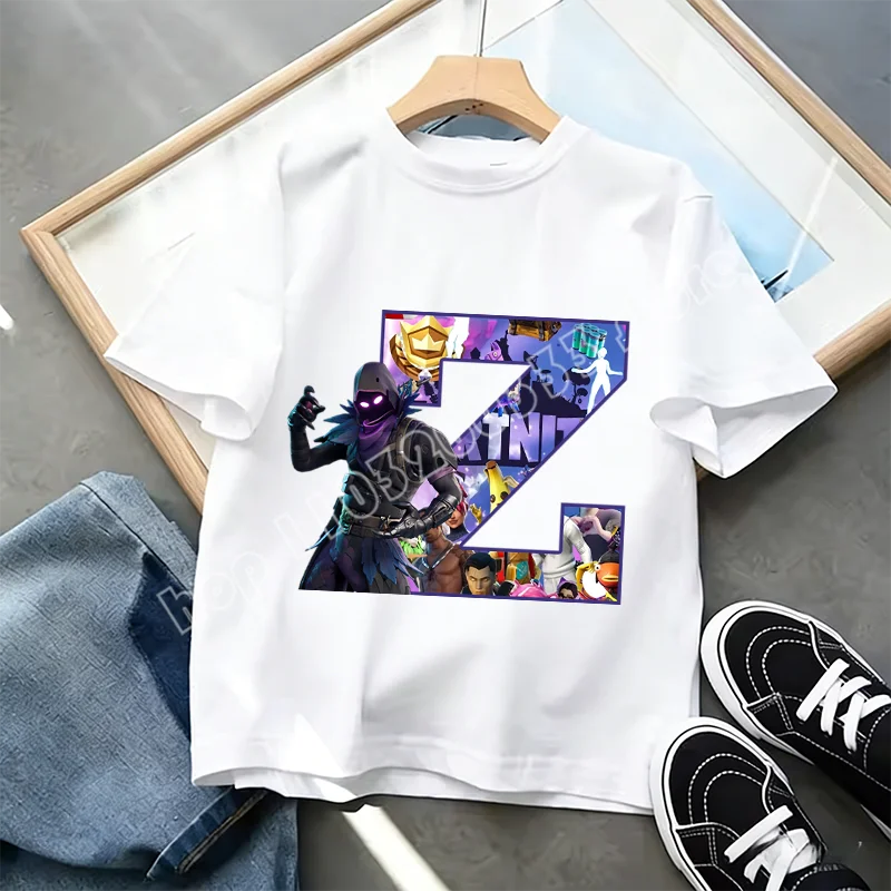 T-shirt Infantil Branco Fortnite com Estampado Alfabeto A-Z — Roupa de Verão, Jogo de Desenhos Animados Popular, Manga Curta Casual, Presente de Moda