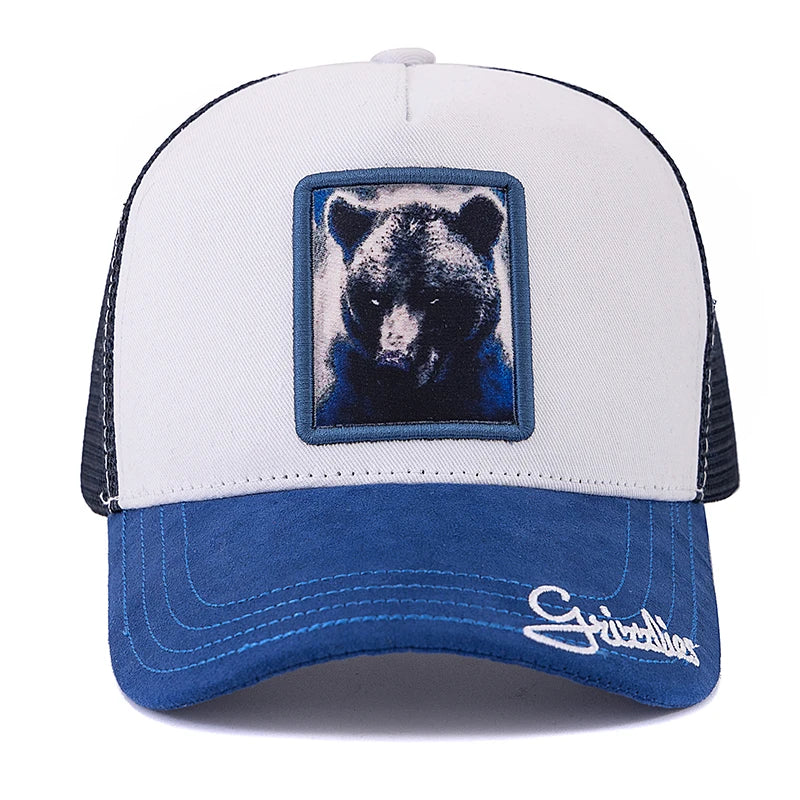 Unisex „Trucker“ kepurė su „Grizzlies“ raštu, su siuvinėtu motyvu, iš zomšos, vasarinė kepurė nuo saulės, vasarinė kepurė su gyvūnų motyvu, beisbolo kepurė vyrams ir moterims