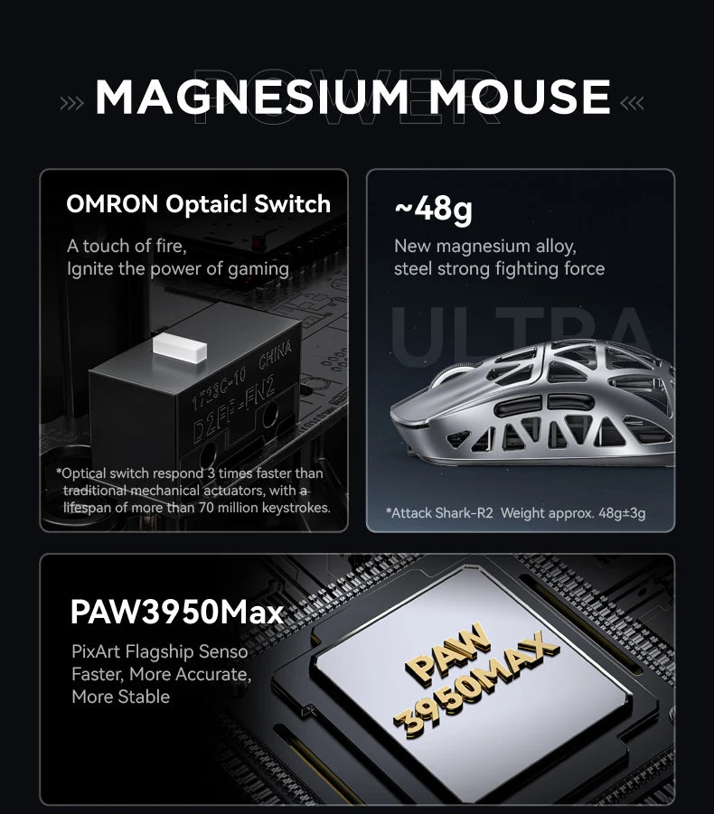 Bezprzewodowa mysz gamingowa Attack Shark R2 PAW3950 8K ze stopu magnezu, lekka mysz gamingowa Bluetooth Tri-Mode do gier/biura
