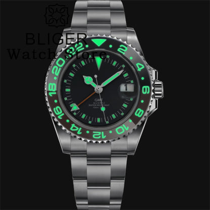 BLIGER 40mm 515 24H GMT Men's Watch Stainless Steel Clasp Luminous Quartz Movement Ceramic Bezel Sapphire Glass 10Bar Waterproof