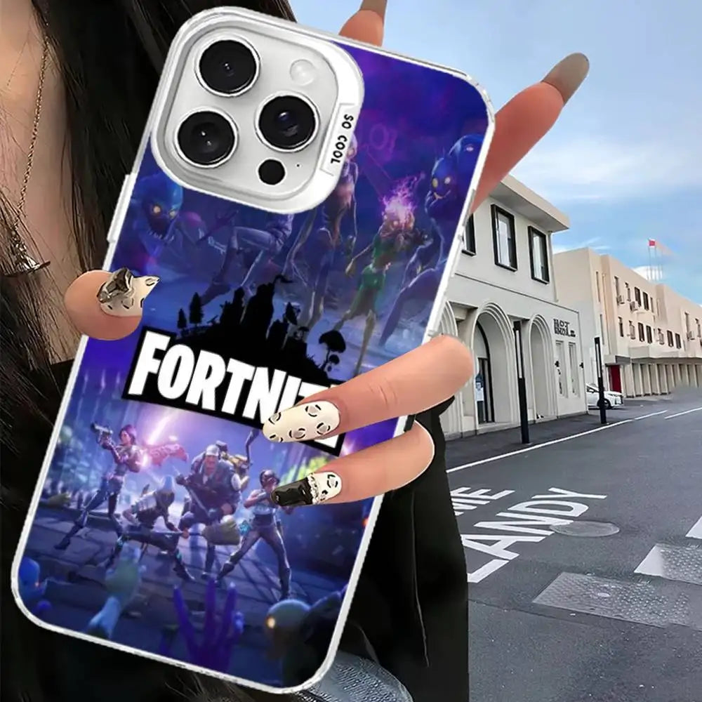 Capa de telemóvel F-Fortnites para iPhone 17 16 15 14 13 12 11 Pro Max Plus, cor prateada