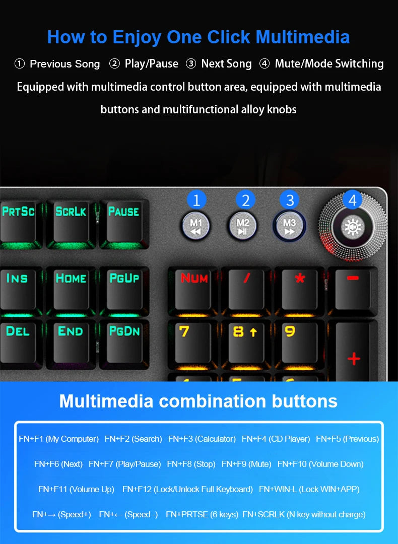 Tastiera meccanica AULA F2088 cablata da gaming con manopola multifunzione, 104 tasti, retroilluminazione Magic e programmazione macro Compu