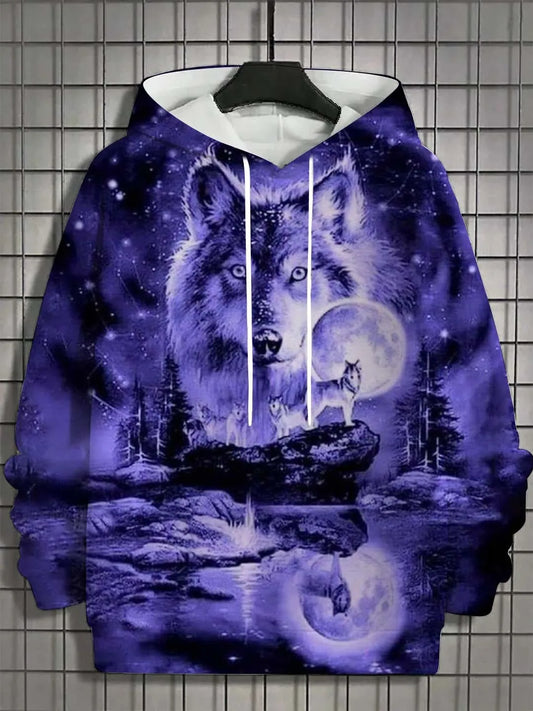 Camisola desportiva com capuz para homem, moda outono 2025, macia e confortável, com estampado de lobo, para exterior e estilo urbano