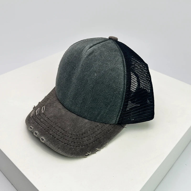 New Unisex Color Block Broken Style Baseball Hats Distress Breathable Mesh Sunshade Retro Trucker Caps Versatile Simple Fashion