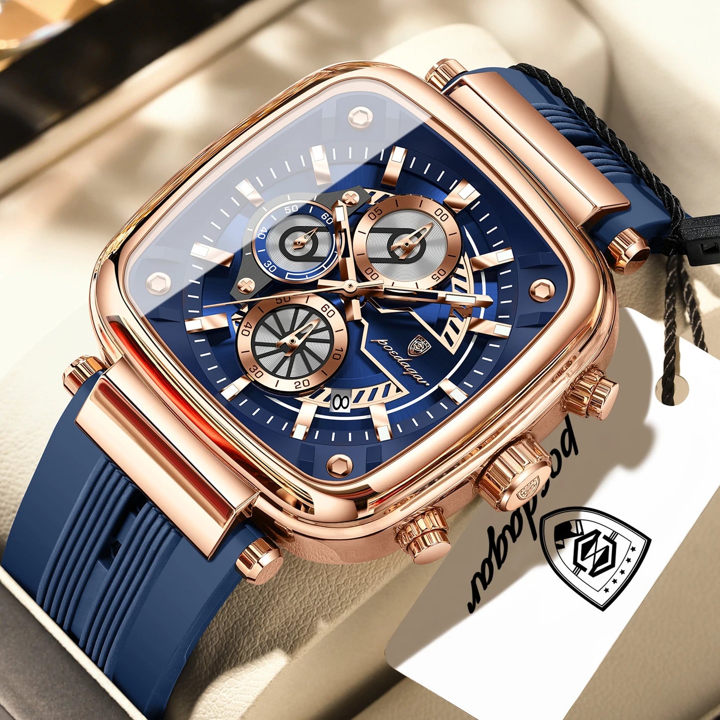 POEDAGAR Square Sport Man Wristwatch Date Waterproof Luminous Chronograph Watch For Men Silicone Strap Men's Quartz Watches Male