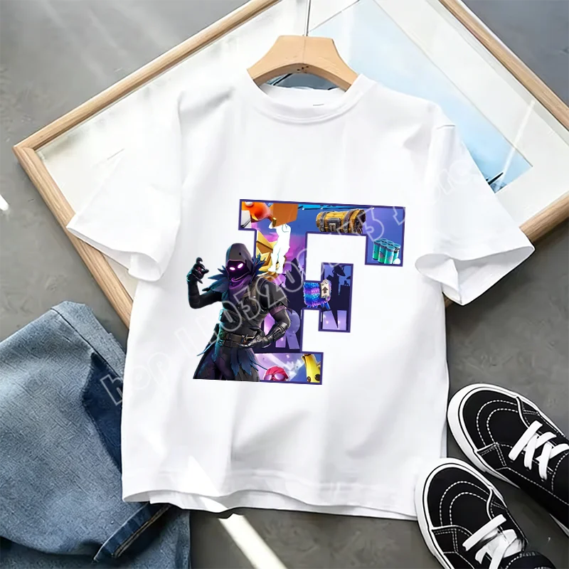 T-shirt Infantil Branco Fortnite com Estampado Alfabeto A-Z — Roupa de Verão, Jogo de Desenhos Animados Popular, Manga Curta Casual, Presente de Moda