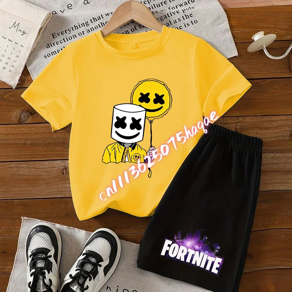 Sommer-Fortnite-T-Shirt und Shorts für Jungen und Mädchen, 2-teiliges Kinder-Set mit Oberteil und Hose, Fortress-Night-Print, Geschenk