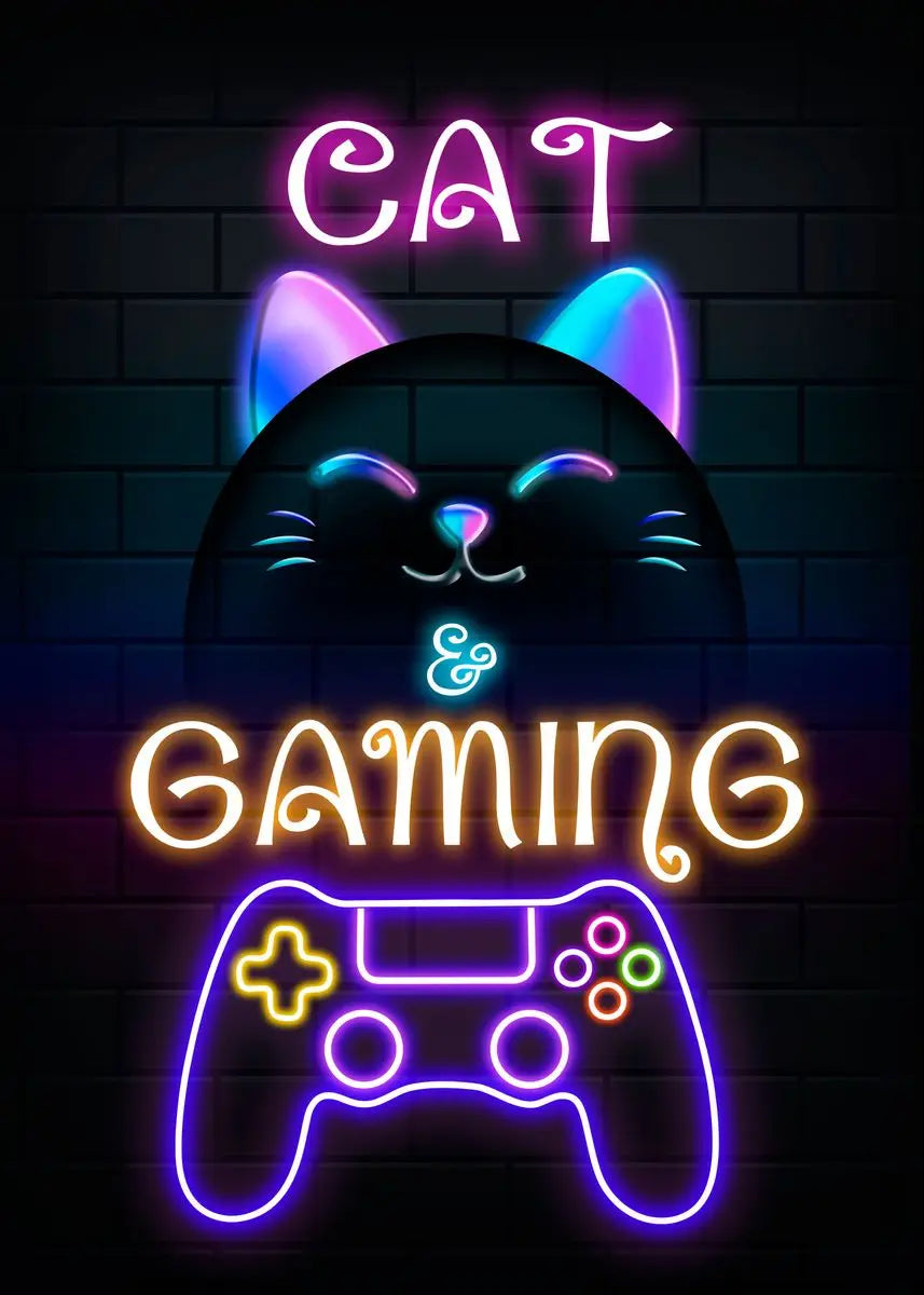 Póster Nordic Cat e Citações de Comando Gaming em Tela Moderna para Arte de Parede e Decoração Mural de Quarto Gamer para Rapazes e Raparigas (não néon)