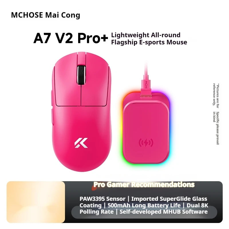 Ratón inalámbrico MCHOSE A7 V2 Ultra+ trimodo ligero Paw3950 Ti 42000dpi 500mah para PC, esports, portátil y gaming, accesorios para ratones