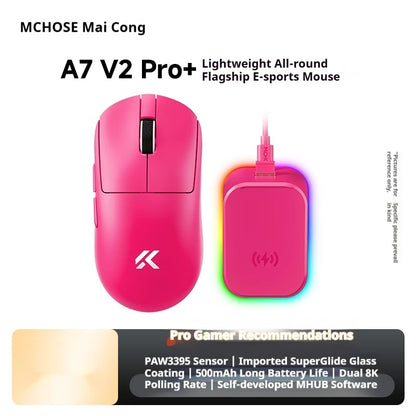 Ratón inalámbrico MCHOSE A7 V2 Ultra+ trimodo ligero Paw3950 Ti 42000dpi 500mah para PC, esports, portátil y gaming, accesorios para ratones