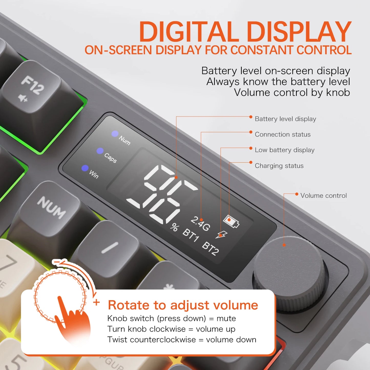 Tastiera wireless Bluetooth M96 FREEWOLF con display digitale, retroilluminazione RGB, batteria da 2000mAh e keycap PBT per PC/laptop