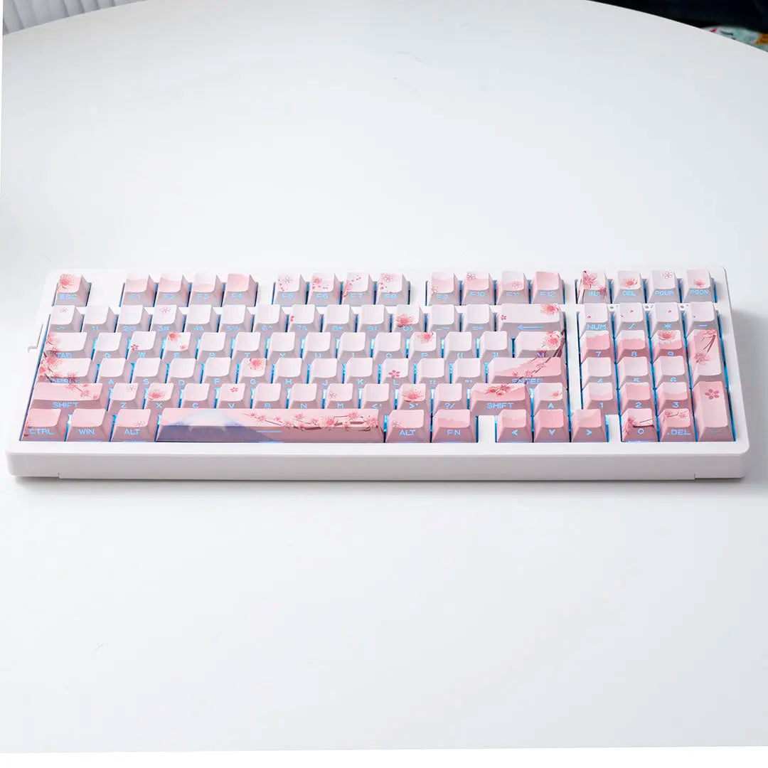 Set di keycap Sakura Pink con incisione laterale, PBT traslucido, 127 tasti, per switch MX e tastiere meccaniche 60/84/90/104/108