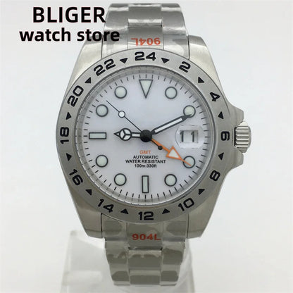 BLIGER 40mm/43mm Japan NH34 GMT Men's mechanical watch green luminous white dial sapphire glass stainless steel strap