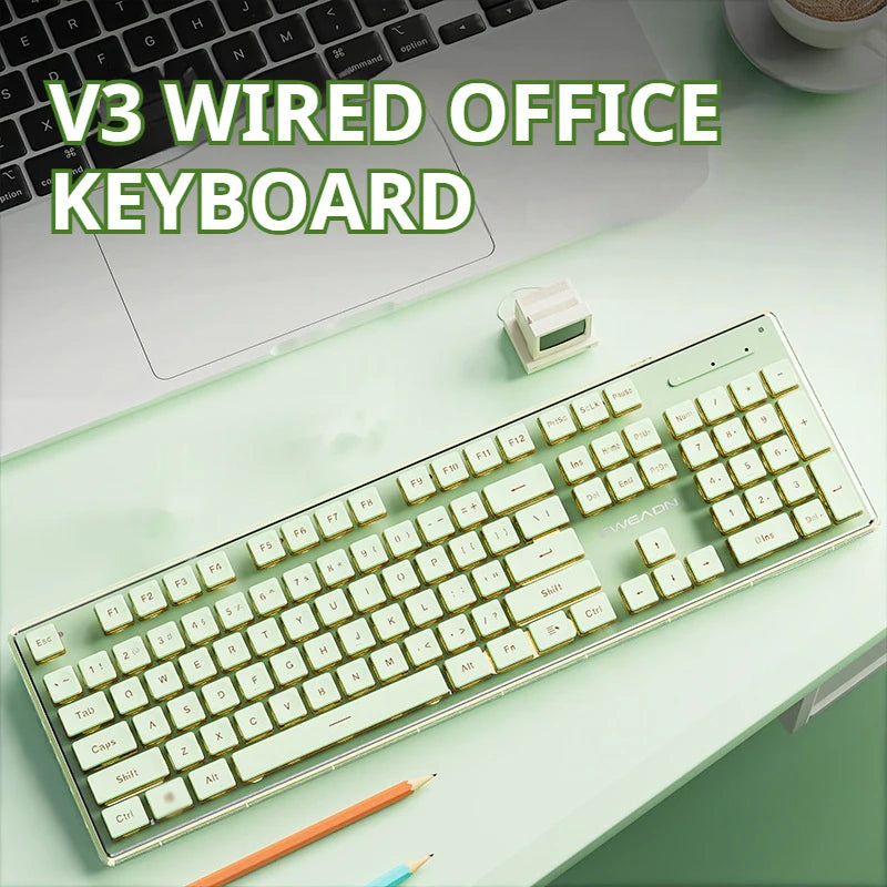 Teclado EWEADN V3 com Fio Silencioso para Escritório e Gaming, Design de Teclas Film, Ergonómico, para Windows/Portátil/PC/Desktop, Acessório de E-sports