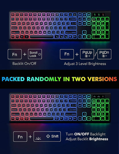 Conjunto de teclado e rato sem fios com retroiluminação RGB, letras iluminadas recarregáveis, tamanho completo, ergonómico, modo de suspensão, 2.4GHz