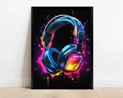 Póster Néon de Personagem de Videojogo com Gamepad, Auscultadores, Futebol e Basquetebol em Tela — Arte de Parede para Decoração de Quarto Gaming